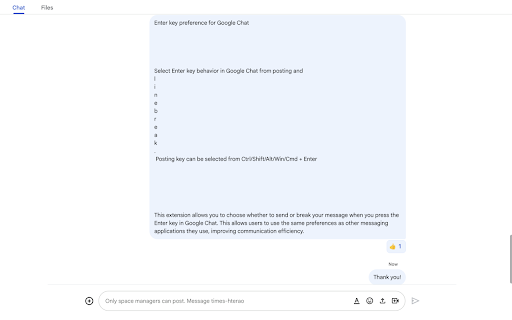 Enter key preference for Google Chat