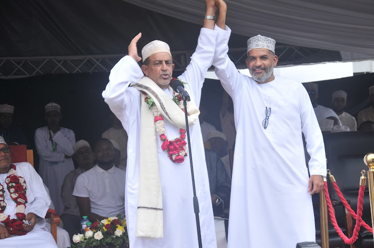 Businessman Suleiman Shahbal endorses Mvita MP Abdulswamad Nassir for governor seat during the Eid Baraza in Mombasa on Tuesday