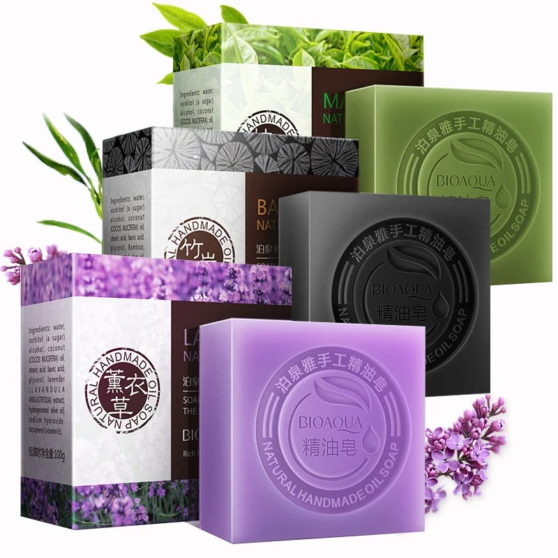 BIOAQUA Jabón Artesanal de Aceite Esencial Herbal Orgánico Natural Blanqueador para la Piel, Elimina Acné, Limpieza Profunda Facial y Cuidado del Cabello.