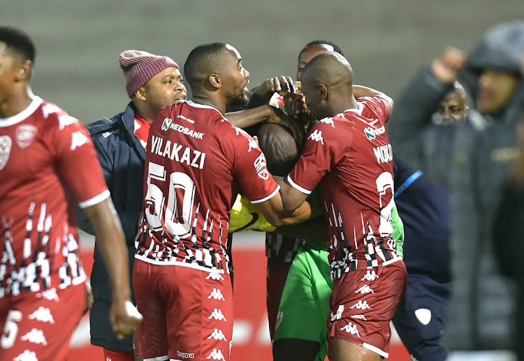 Sekhukhune United celebrate after winning the match during the Nedbank Cup semi final match between Stellenbosch FC and Sekhukhune United at Danie Craven Stadium on May 07, 2023 in Stellenbosch, South Africa.