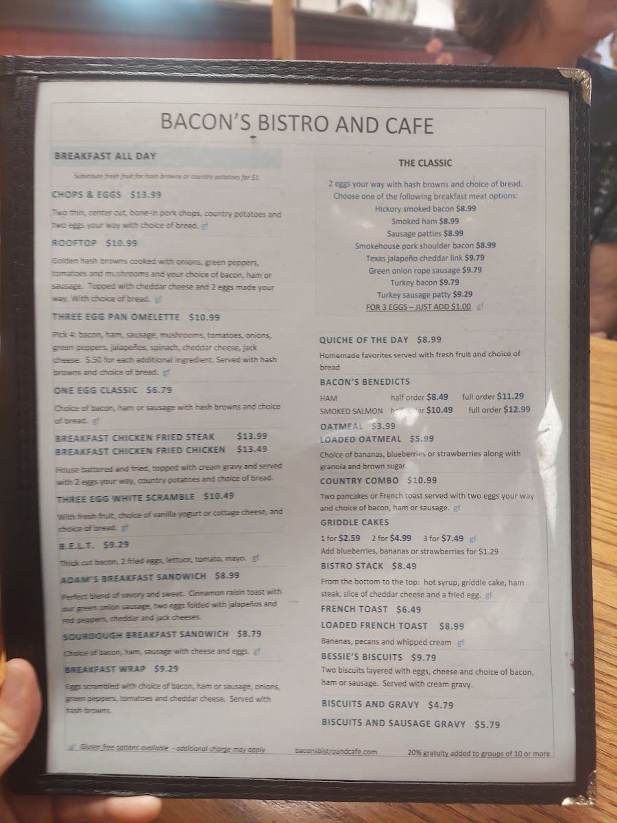 Bacon's Bistro and Cafe gluten-free menu