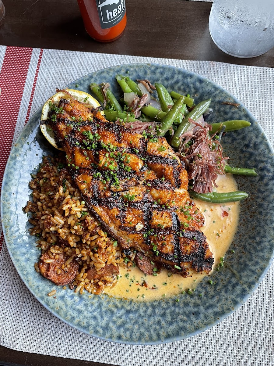 Grilled catfish and dirty rice