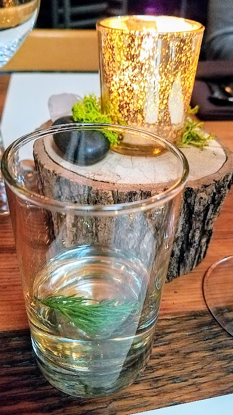 Fimbul Icelandic Dinner Spring 2018, Aperitivo with sweet vermouth, Aquavit and absinthe mixed with scotch infused syrup and two seaweed infusions.