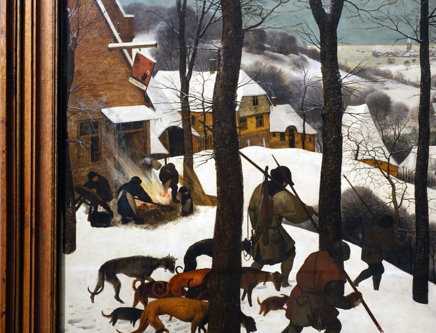 Hunters and inn (detail), Pieter Bruegel the Elder, Hunters in the Snow (Winter), 1565, oil on wood, 162 x 117 cm (Kunsthistorisches Museum, Vienna; photo: Steven Zucker, CC BY-SA-NC 2.0)