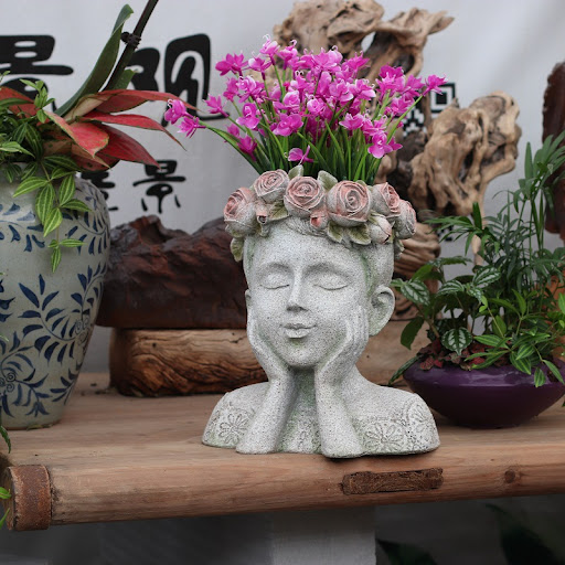 Title 3, Rose Boy Girl Resin Flower Pot, Kitty Bird Scul...