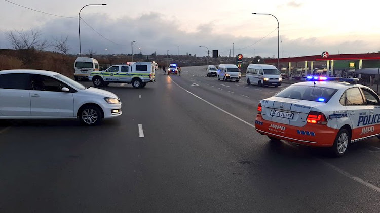 A crime scene at Zephania Mothopeng Street has shut a busy motorway in Orlando, Soweto, on Tuesday.