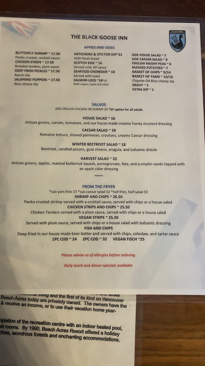 Black Goose Inn gluten-free menu