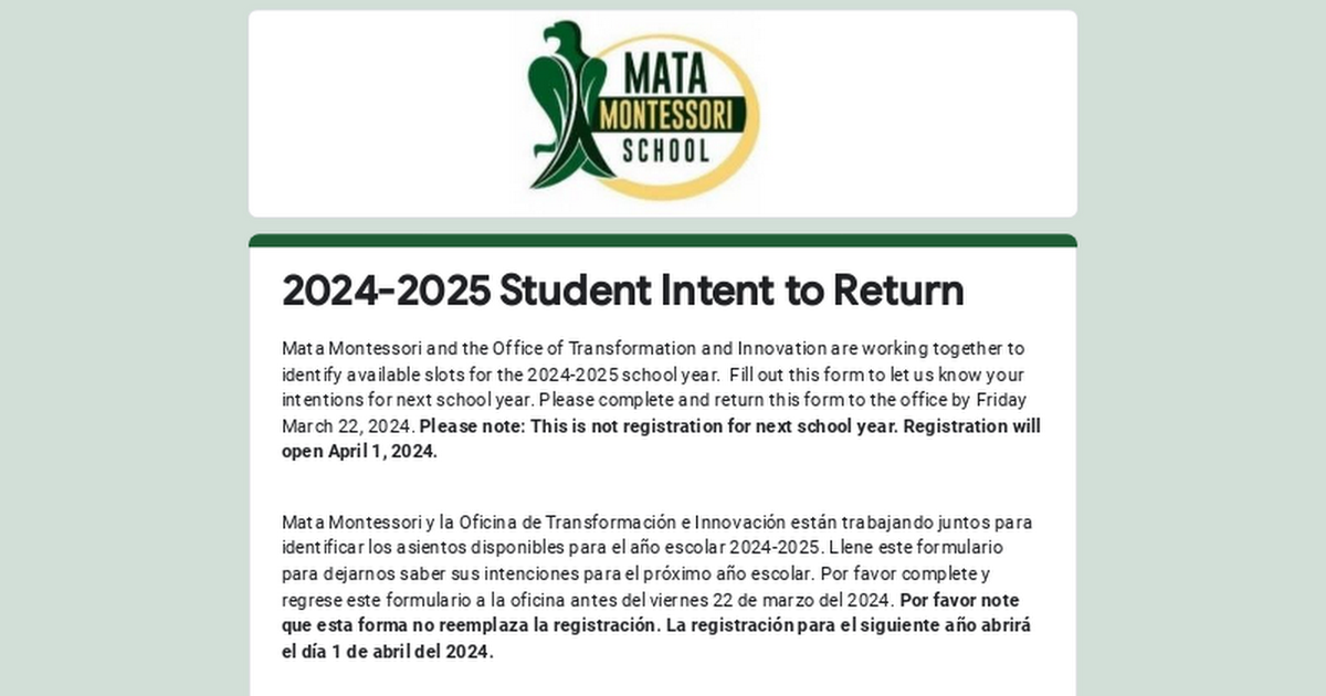 2024-2025 Student Intent to Return