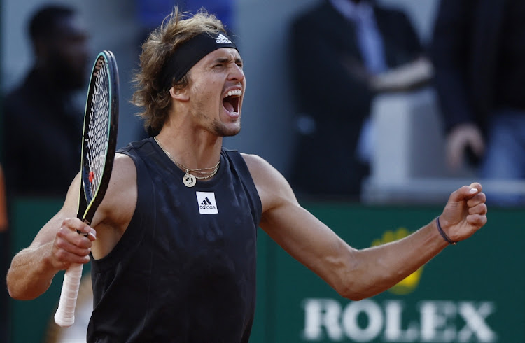 Germany's Alexander Zverev celebrates after winning his match against Spain's Carlos Alcaraz at Roland Garros in Paris, France, May 31 2022. Picture: YVES HERMAN/REUTERS