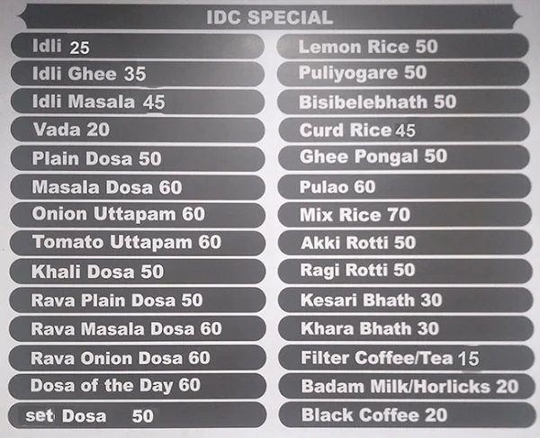 IDC Kitchen menu 