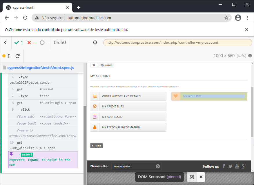 Print da tela do site usado para praticar automações no front-end onde podemos ver os resultados dos comandos executados.