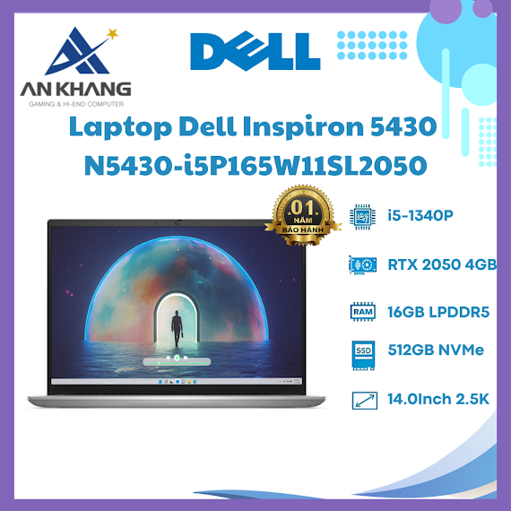 Laptop Dell Inspiron 14 5430 N5430 - I5P165W11Sl2050 (I5 - 1340P, Rtx 2050 4Gb, Ram 16Gb Lpddr5, Ssd 512Gb, 14 Inch 2.5K, Win11/Office Hs 21) - Hàng Chính Hãng - Bảo Hành 12 Tháng