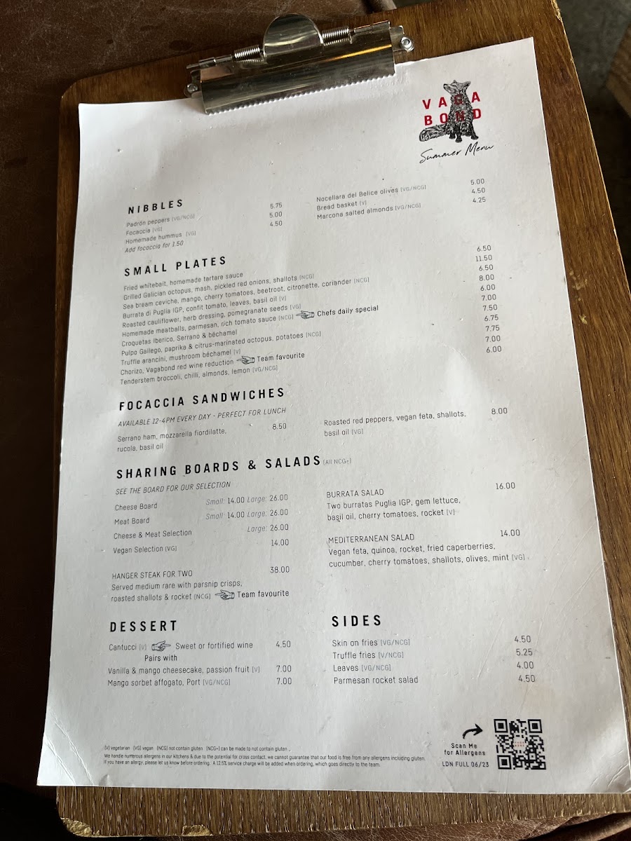 Vagabond gluten-free menu