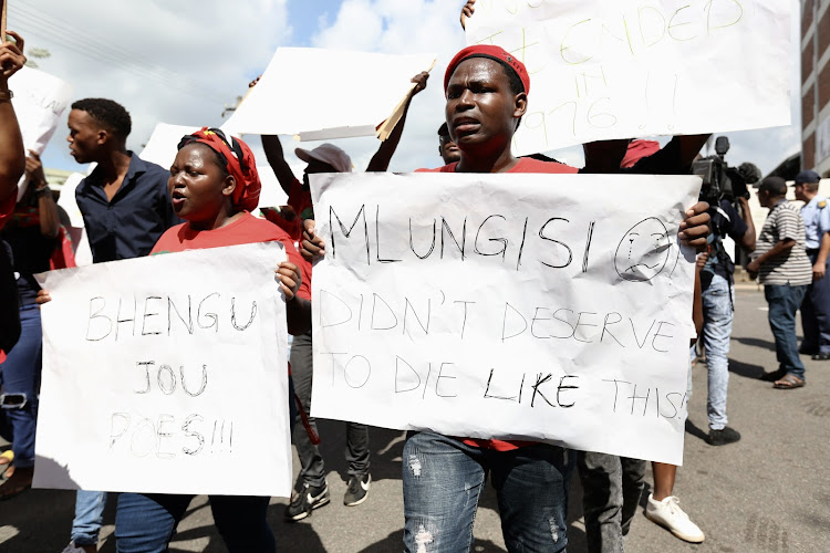 EFF Student Command members march outside the Durban University of Technology on February 6 2019 following the death of student Mlungisi Madonsela after being shot outside the university's Steve Biko campus. DUT says it will close on Friday before planned protest marches. File photo.