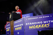 US Joe President Biden speaks to UAW members in Belvidere, Illinois.