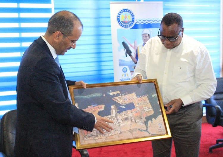 Jeddah Islamic Port general director Majed Rafed and Kenya Ports Authority acting managing director John Mwangemi in Mombasa on Tuesday.