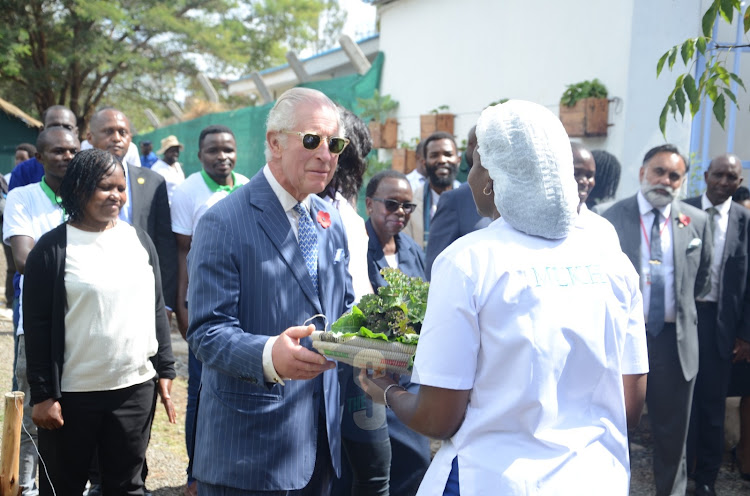 King Charles III at City Shamba, an urban farming project at Mama Lucy Kibaki Hospital on October 31, 2023.