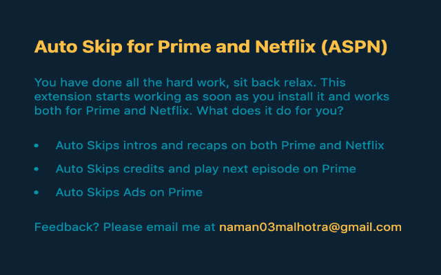 Auto Skip Intro for Prime and Netflix (ASPN) chrome extension