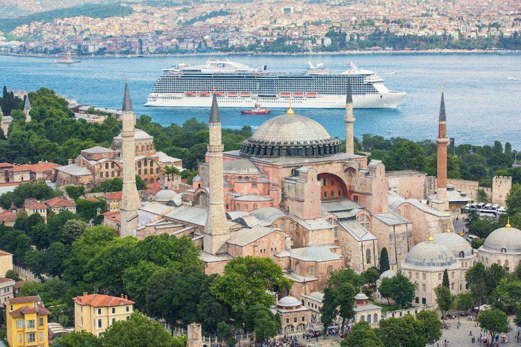 Regal Princess sails in Istanbul with Hagia Sophia in the foreground.