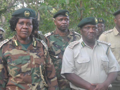 Dr. Monica Karenda the Acting Kenya Forest Services Chief Conservator of forests with other senior KFS officials during the press brinfing outside their Gede offices on May 17./ALPHONCE GARI