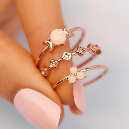 Title 4, Womens Simple Moon Opal Three-piece Ring Set, ...