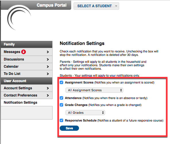 Screen shot of the various notification settings options in Infinite Campus.