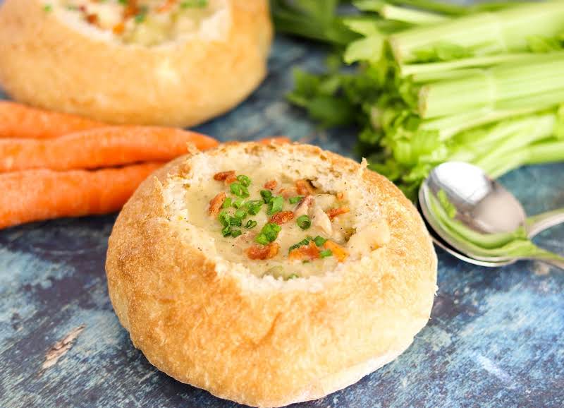 New England Clam Chowder Soup In A Bread Bowl.