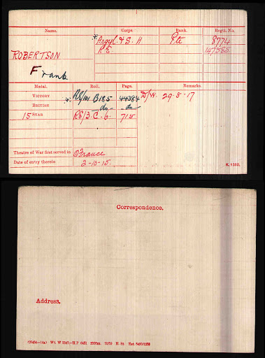 Francis (Frank) Robertson Medal Index Card