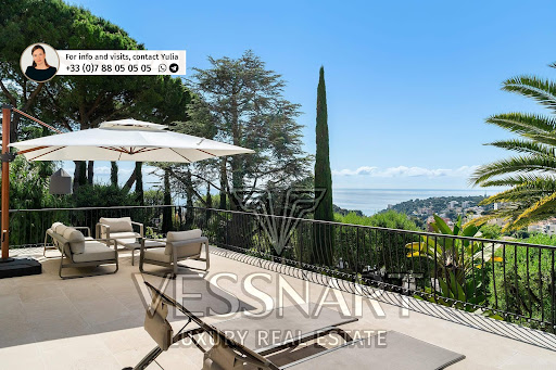 Terrace with outdoor lounge and sea view in this luxury house for sale in Roquebrune-Cap-Martin ($5,480,685 - 270 m²)