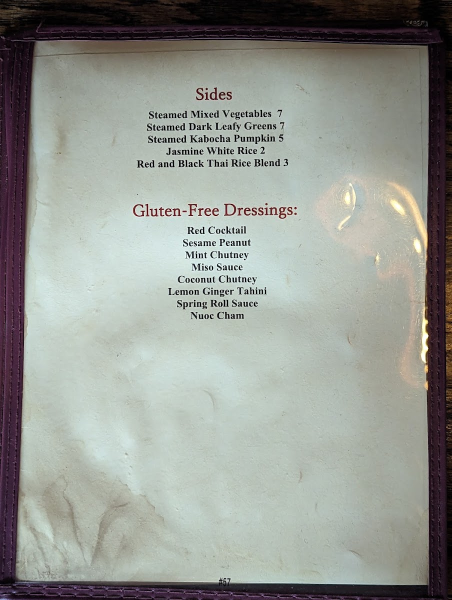 Gluten free sides and dressings menu