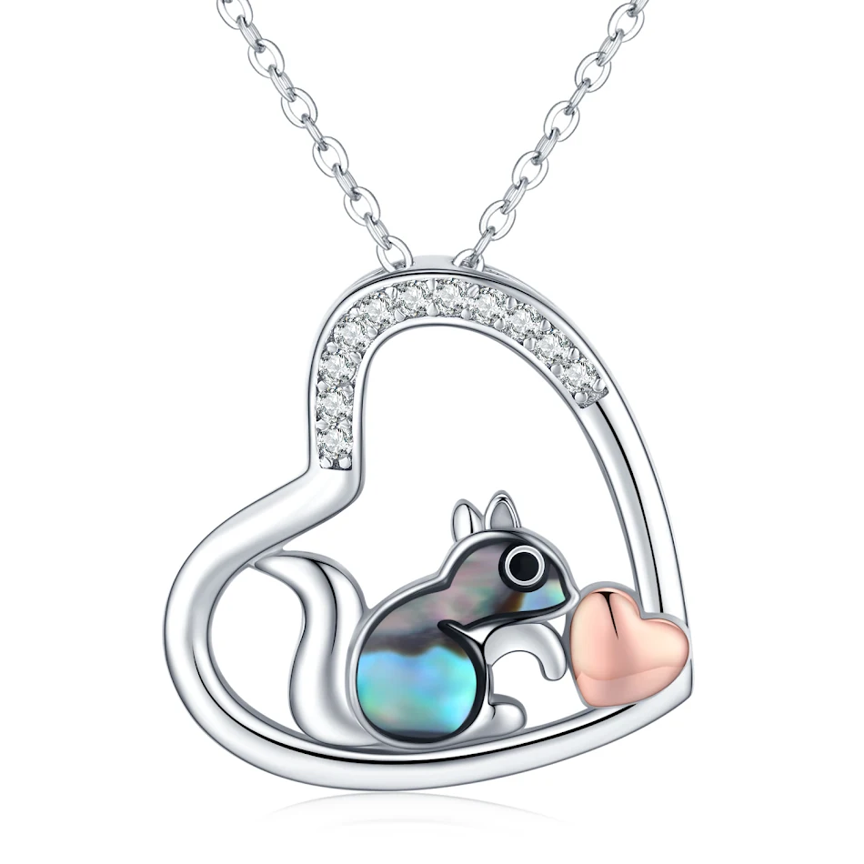 Collier pendentif cœur animal mignon en argent sterling 925, écureuil, coquillage ormeau et zircone cubique.