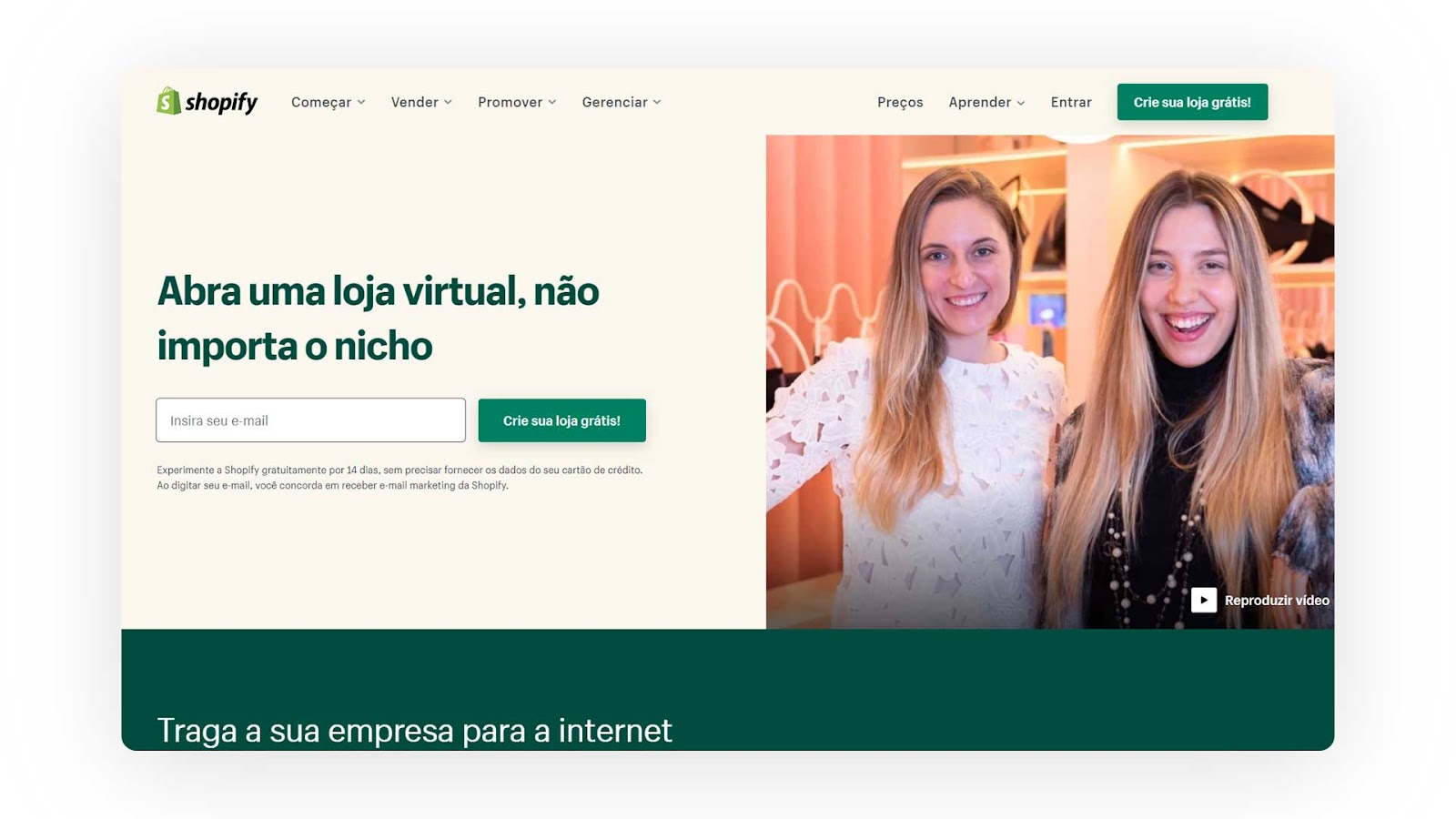 Página inicial da plataforma de ecommerce Shopify