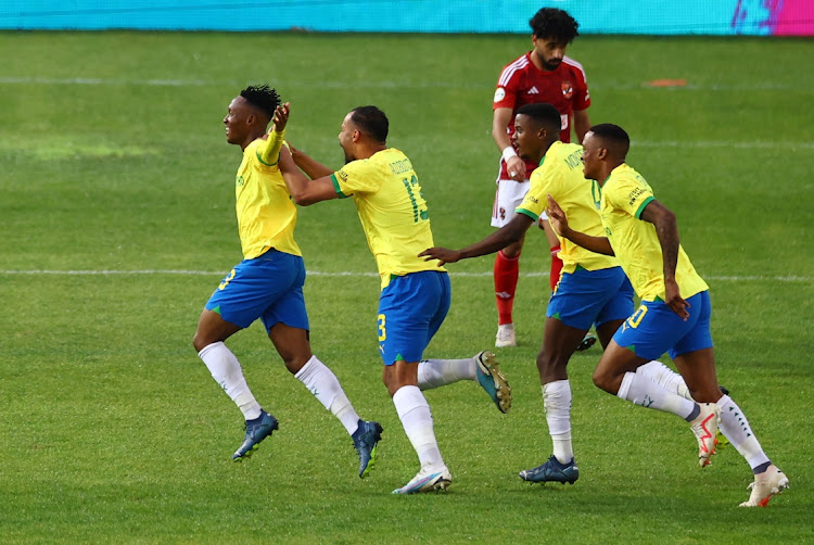 Mamelodi Sundowns' Thapelo Maseko celebrates scoring in their African Football League semifinal, first leg win against Al Ahly at Loftus Versfeld in Pretoria on Sunday.