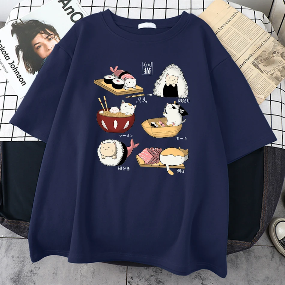 Mens Cotton Short Sleeve T-Shirt Cute Cat Sushi Cartoon Style Comfortable and Breathable Casual Wear Perfect Gift Idea U