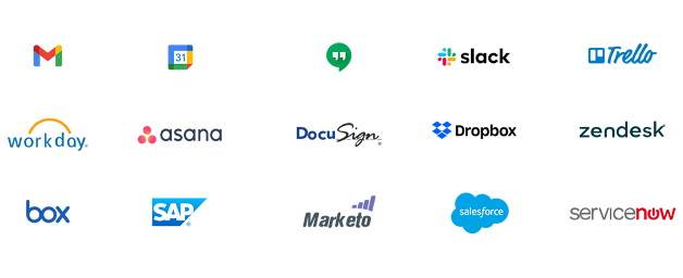 Multiple product logos such as Gmail, Google Calendar, Google Chat, Slack, Trello, Workday, Asana, Docusign, Dropbox