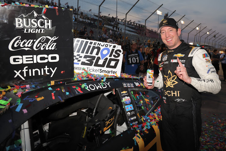 Kyle Busch celebrates in victory lane after winning the NASCAR Cup Series Enjoy Illinois 300 at WWT Raceway on June 04, 2023 in Madison, Illinois.