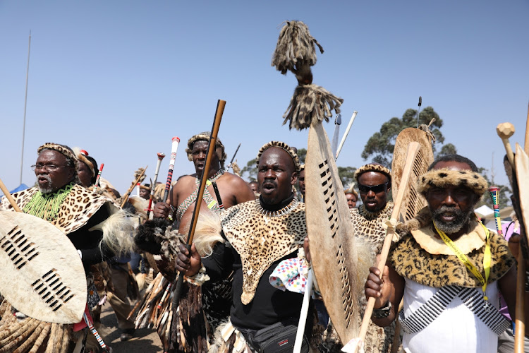 Ibutho arrive at the traditional ceremony at Emachobeni Royal Palace.