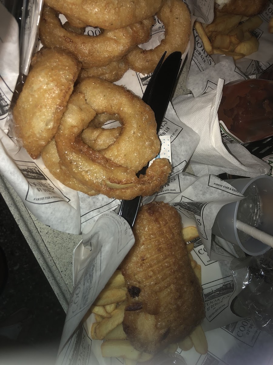 Fish and chips with onion rings