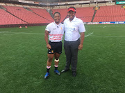 Zimbabwean-born prop Stephen Bhasera (L) poses for a photo inside Ellis Park on June 23 2018. 