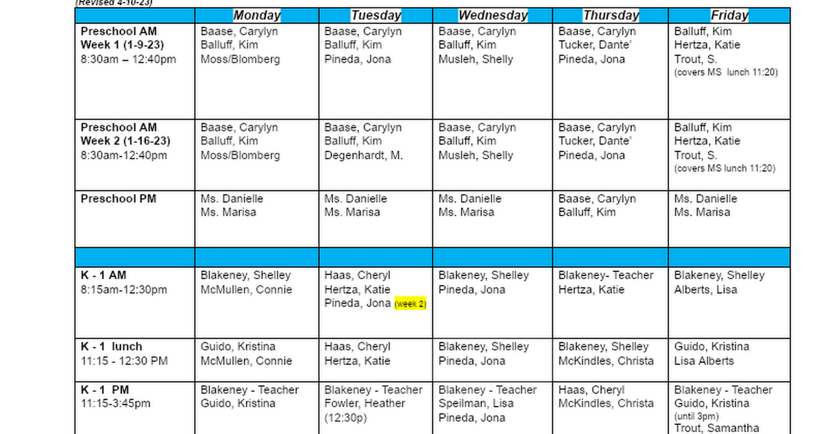 Aide Schedule 2022-23