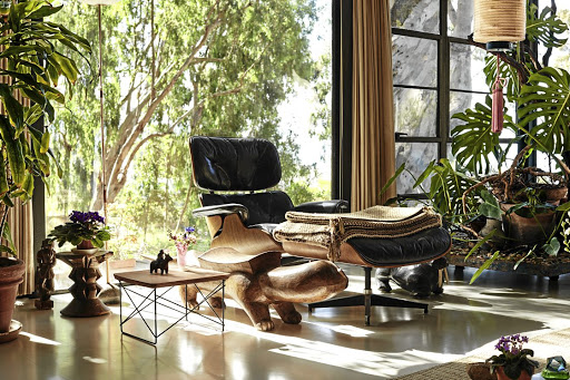 An Eames Lounge Chair and Ottoman inside the Eames House. First introduced in 1956, these pieces are sill covetable today.