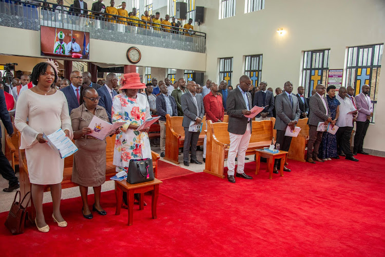 Nairobi Governor Johnson Sakaja and President William Ruto among congregants during a church service at Emmanuel Church in Bahati on March 24, 2024.