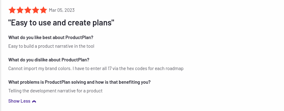 ProductPlan user review on G2