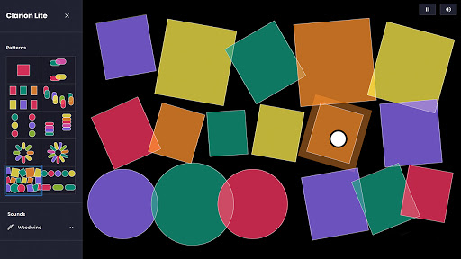 Screen capture of the Clarion interface. The lefthand menu displays an array of colorful preset object and in the main play area contains many circles and squares. 