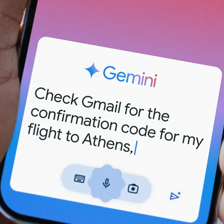 Gemini AI assistant shown on a Pixel phone screen searching across Google apps to find a flight confirmation code