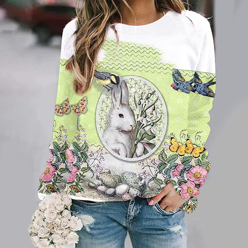 Title 5, Womens Bunny Print Shoulder Plunge Long Sleeve...