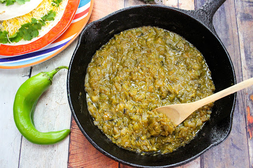 A skillet of Hatch Green Chile Sauce.