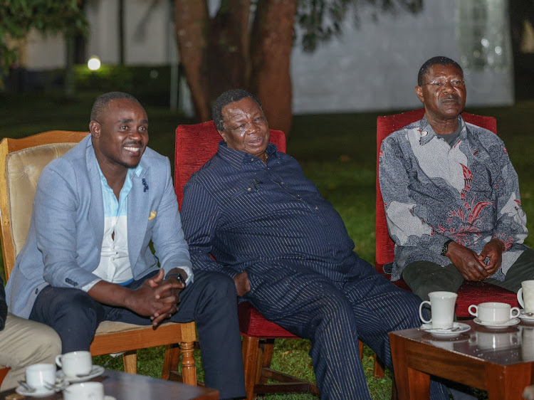 UDA Secretary General Cleophas Malala, COTU chairman Francis Atwoli and National Assembly Speaker Moses Wetang'ula at Kakamega State Lodge on February 3, 2024