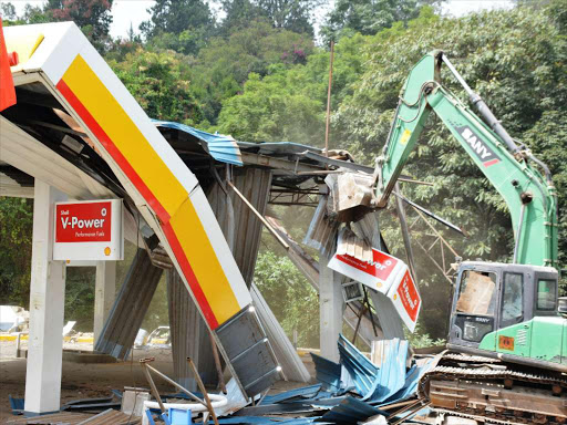 Demolition of Shell petrol station in Kileleshwa Nairobi on Monday 6,2018. /HEPHZIBAR BUKASU