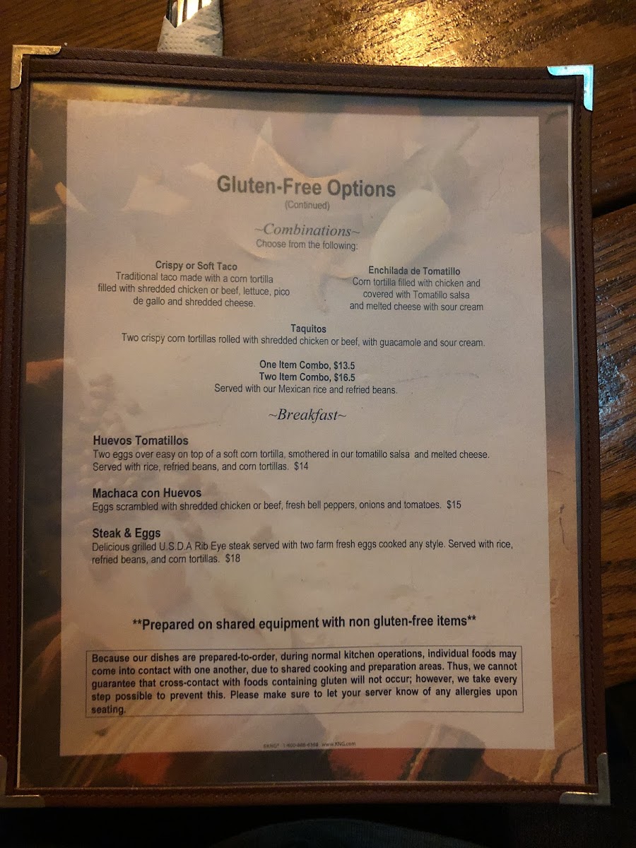 Avila's El Ranchito gluten-free menu